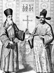 Pater Mateo Ricci, Chinamissionar, mit einem chinesischen Förderer