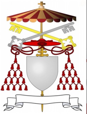 Das Wappen des Vatikan während der Sedisvakanz; in die Mitte kommt der Wappenschild des Camerlengo