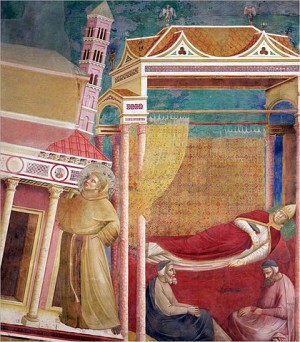 Der Traum Innozenz III.: Franziskus stützt die Kirche. Giotto, Basilika von Assisi